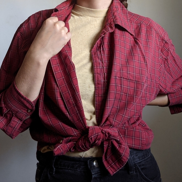 Thin cotton button front red plaid shirt - Picture 4 of 5